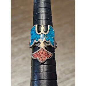 Vintage Navajo Sterling Peyote Bird Turquoise & Coral Chips Inlay Ring Size 6.5